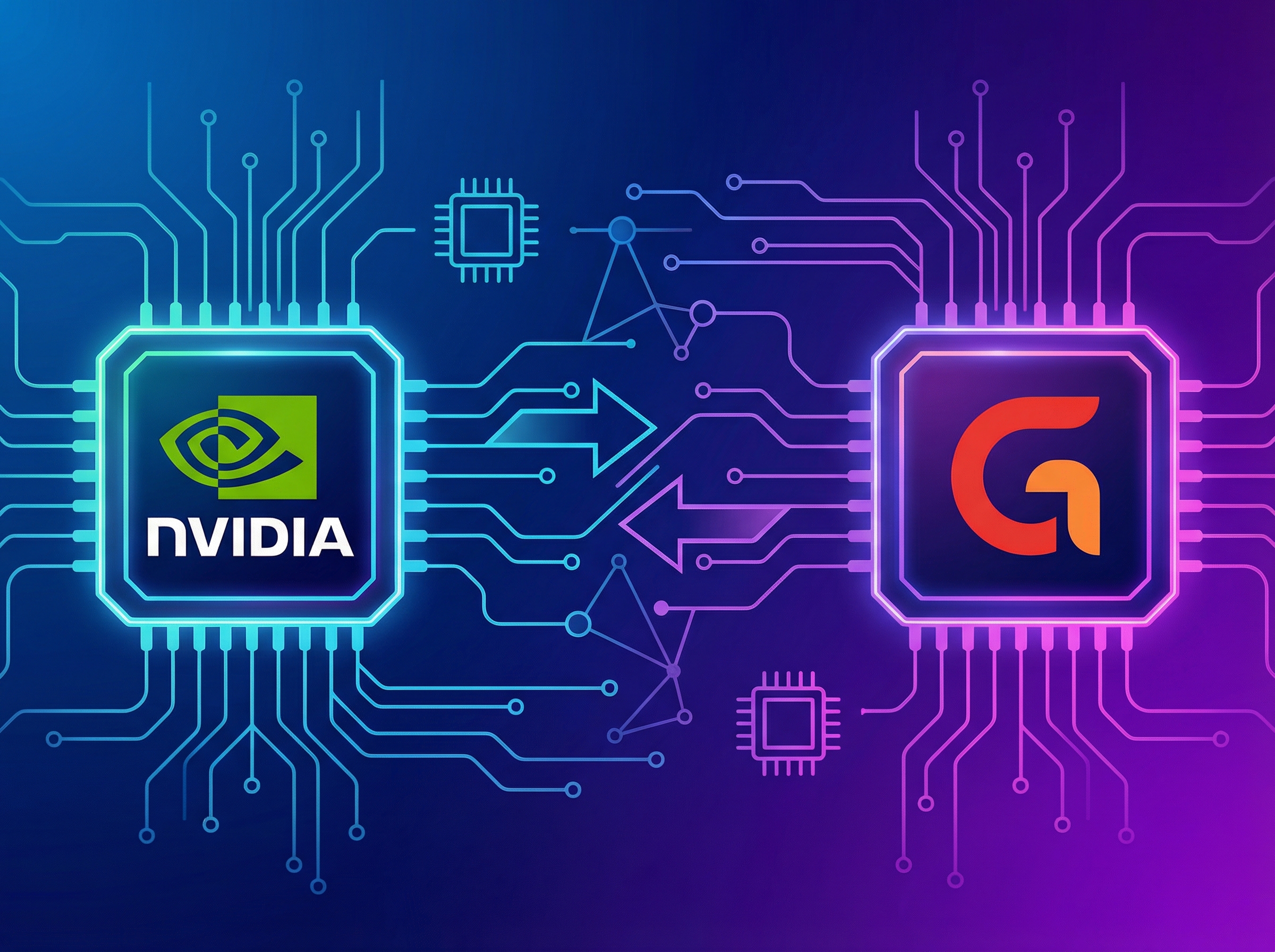 Clean infographic showing a competitive AI chip market with Nvidia and Groq logos, modern layout, high contrast, colored background, no text, aspect ratio 4:3