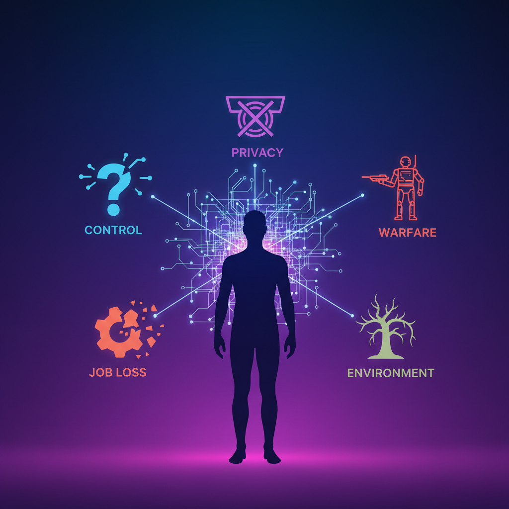 Clean infographic, modern layout, high contrast. A human silhouette stands before a complex, glowing AI network with several distinct threat icons emerging from it: a question mark for control, a broken gear for job loss, a surveillance camera for privacy, a dying tree for environment, and a robotic soldier for warfare. Colored background, minimal empty space, bright, balanced lighting. No visible text.