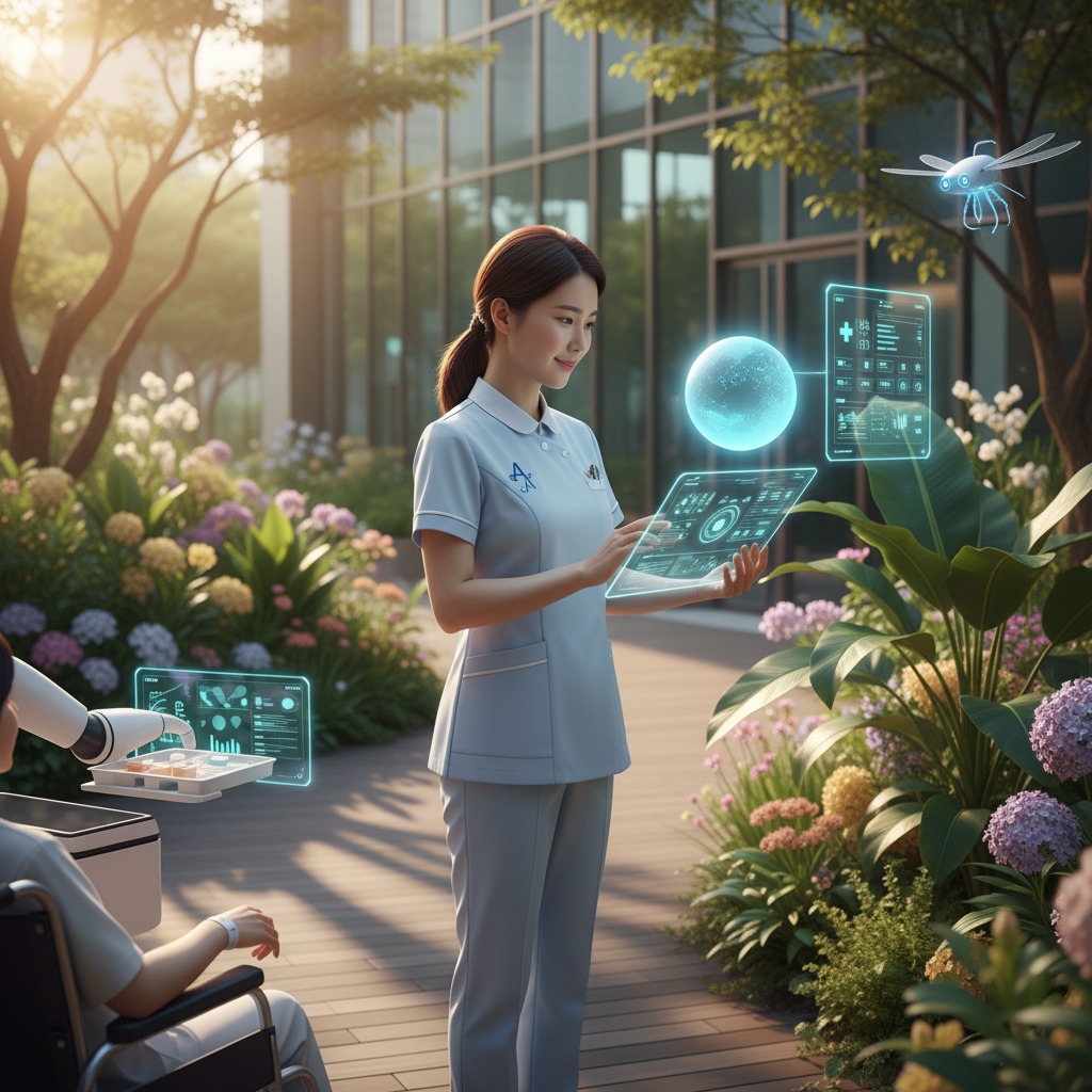 A serene scene where a Korean nurse is efficiently performing duties with the subtle assistance of an AI system, suggesting reduced workload and improved efficiency, lifestyle photography, natural setting, warm lighting, no text, 4:3 aspect ratio