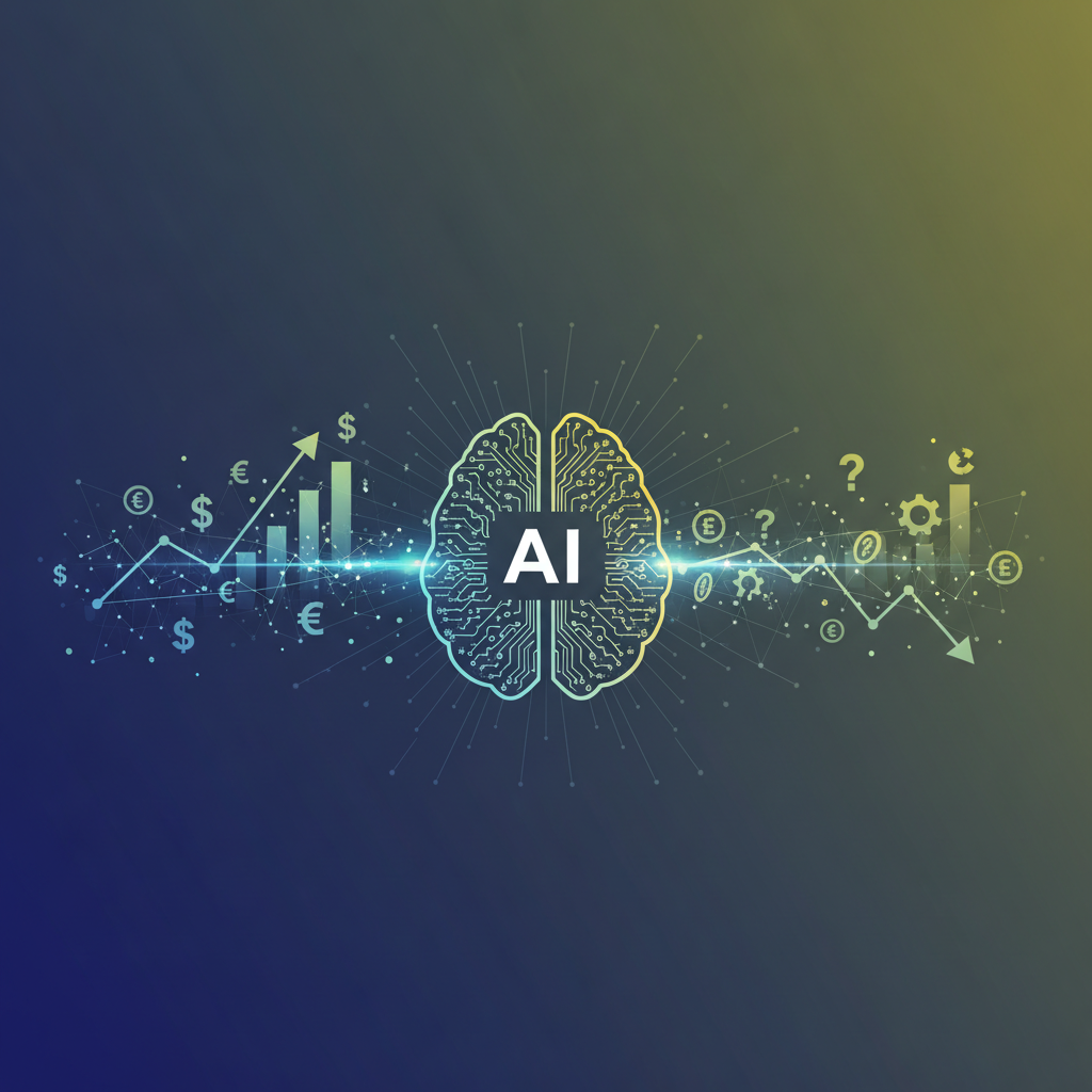 A modern infographic showing a subtle interplay between technology symbols (AI) and economic indicators (job market graphs, money symbols), hinting at both opportunities and challenges, high contrast, gradient background, no text.