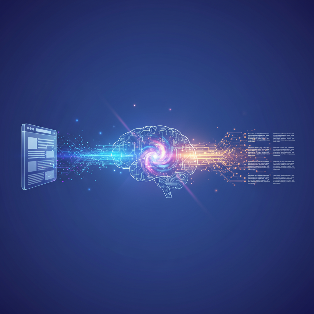 A digital representation of an AI system processing and summarizing news articles. Conceptual image showing data flow from a news website into an AI brain icon, then outputting summarized text. Bright, clean infographic style, colored gradient background, no text.