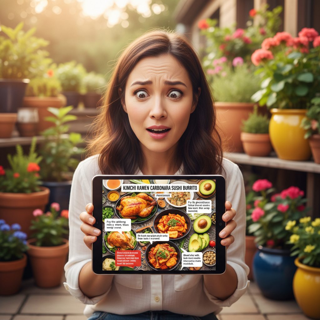 A bewildered Korean food blogger looking at a digital screen displaying a jumbled, "Frankenstein-like" recipe generated by AI, with various ingredients and instructions mixed, lifestyle photography, warm lighting, natural setting, no text, vivid colored background