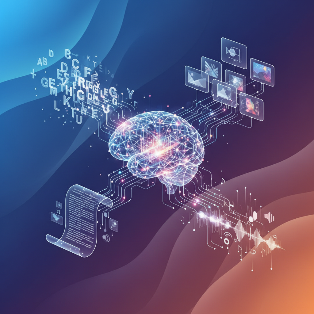 Abstract representation of AI creating various forms of digital content (text, images, audio), modern and clean design, gradient background, no text