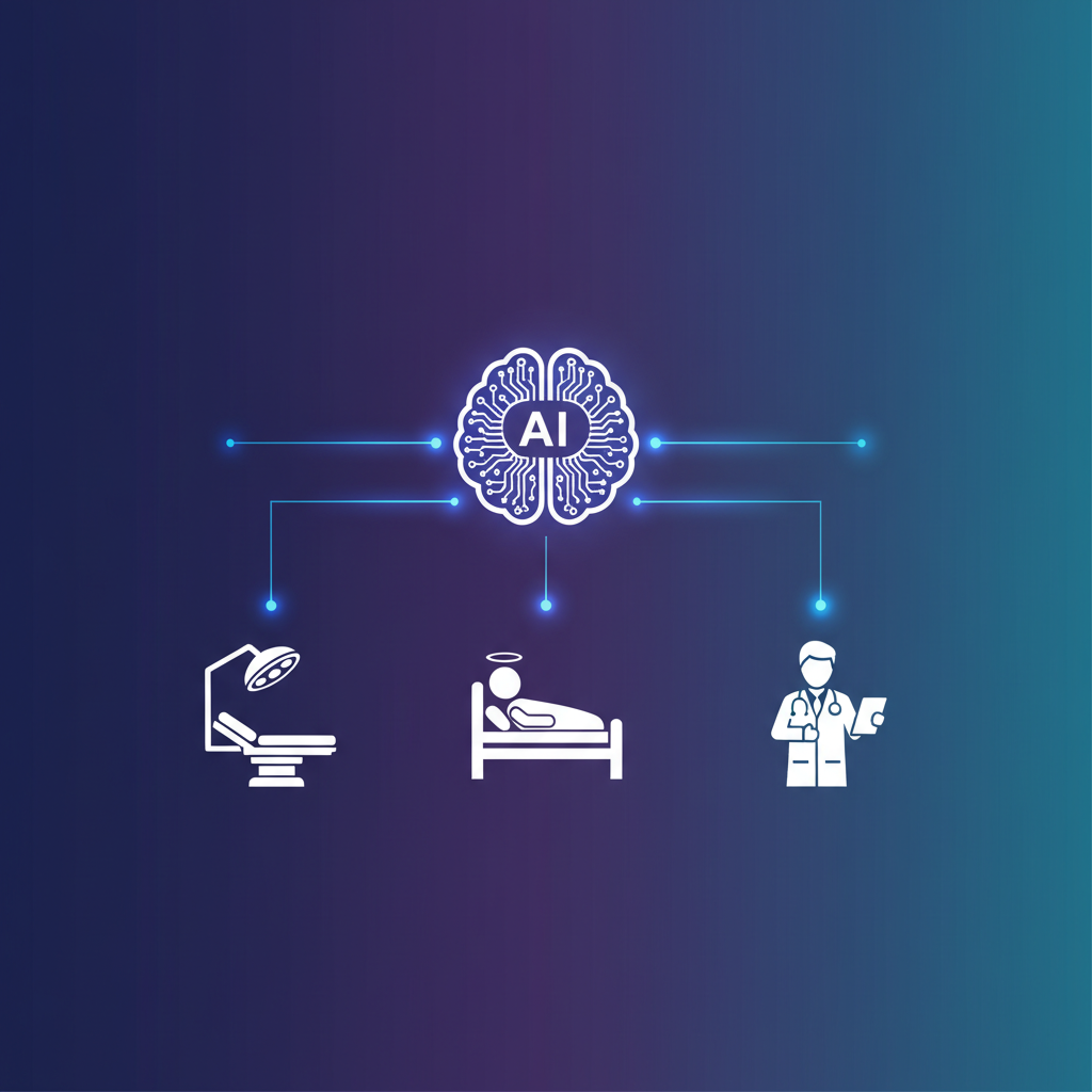 Clean infographic showing AI brain connecting to hospital icons like surgery room, patient, and doctor, modern layout, high contrast, colored background, no text, 4:3 aspect ratio