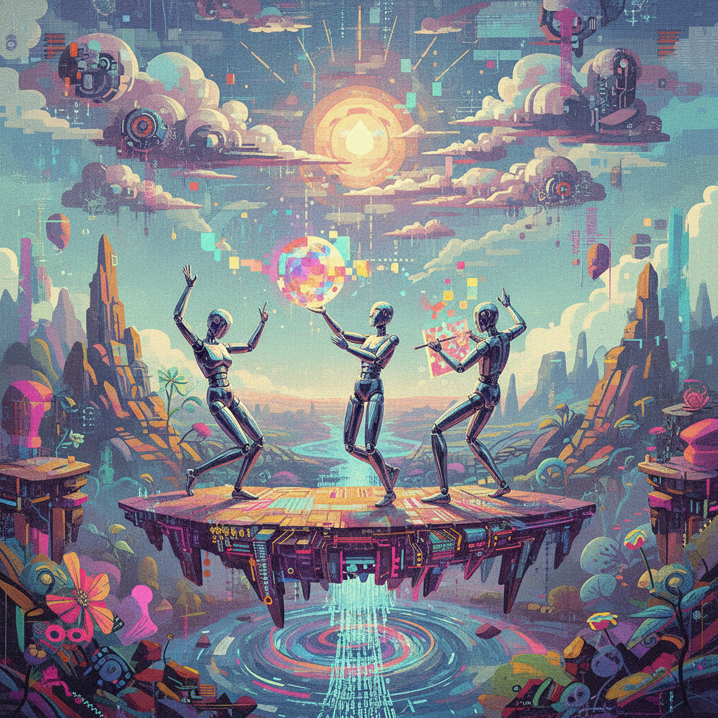 A surreal, slightly unsettling image of a fantastical, AI-generated landscape with artificial characters performing, illustrating the concept of AI creating content from scratch. Style: illustration, artistic rendering, textured background. No text.