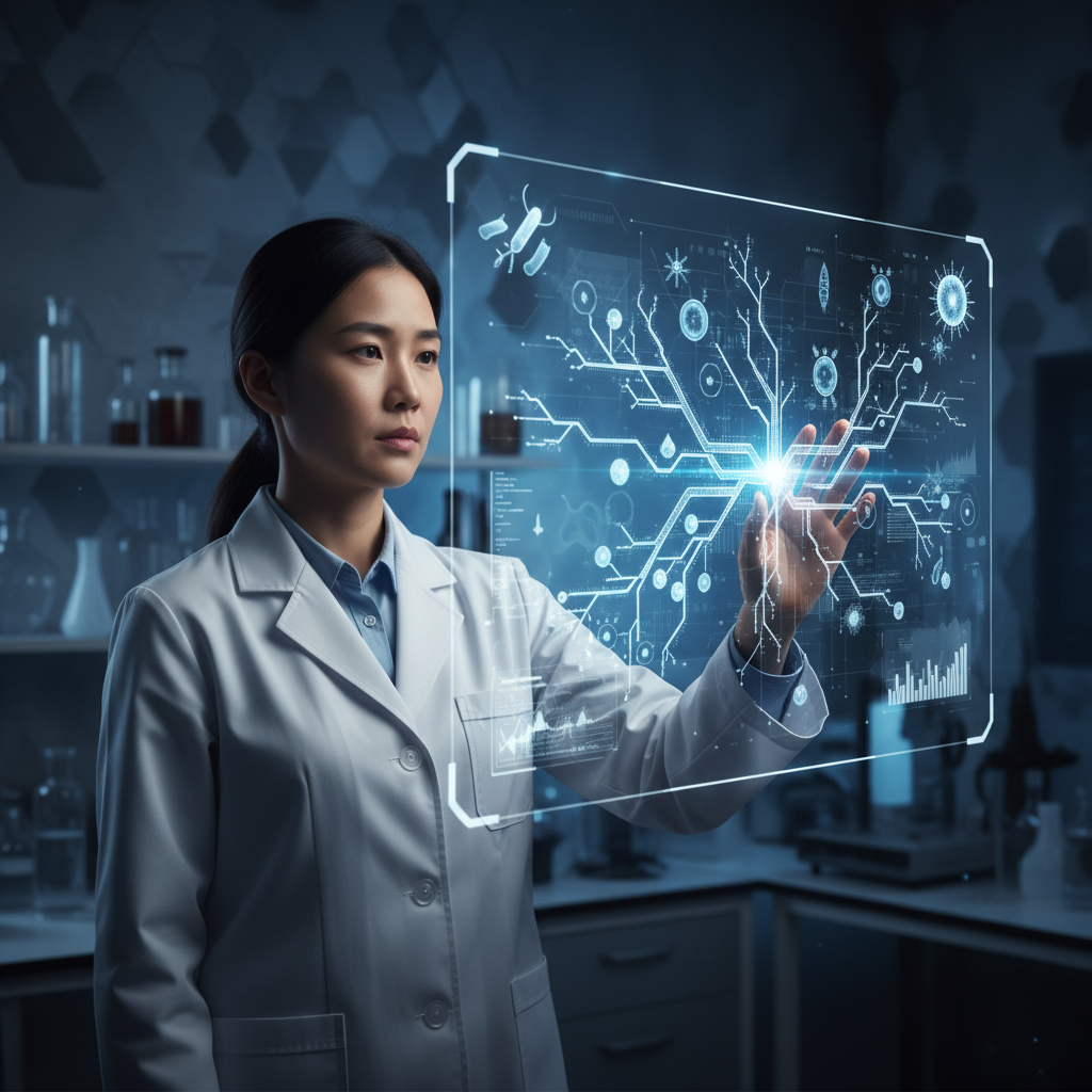 A Korean scientist in a lab coat observing a complex immune system diagram on a holographic screen, with subtle AI interface elements, realistic and professional, rich blue and white textured background, no text