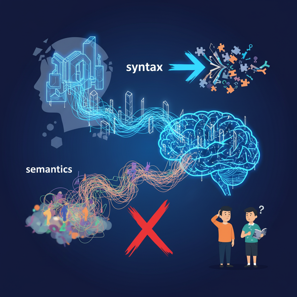 clean infographic, modern layout, high contrast, showing a stylized brain or a network interpreting a sentence, where the structural pathway (syntax) is highlighted over the semantic pathway (meaning). The visual emphasizes a disconnect or a misinterpretation caused by prioritizing structure. Korean appearance figures, natural expression. No visible text in image. Never use Korean characters. Colored background.