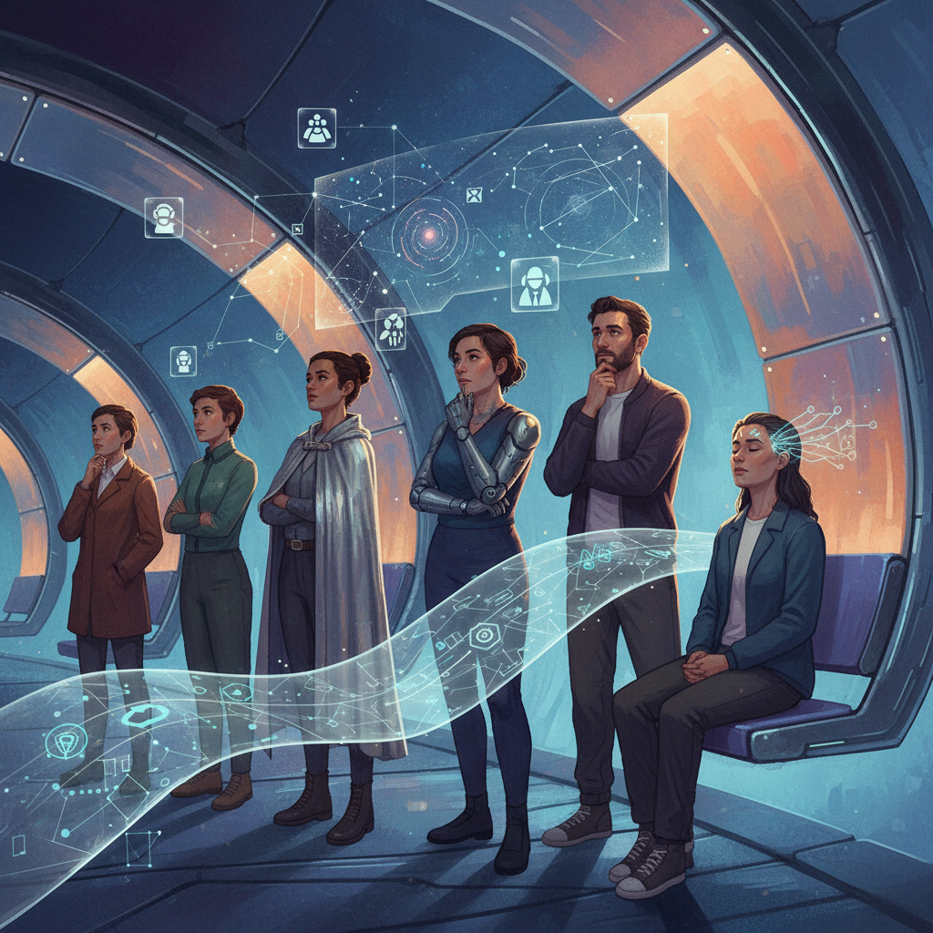 illustration, artistic rendering, textured background, showing diverse people pondering their careers in a futuristic setting with subtle AI elements. No text, no graphs or charts.