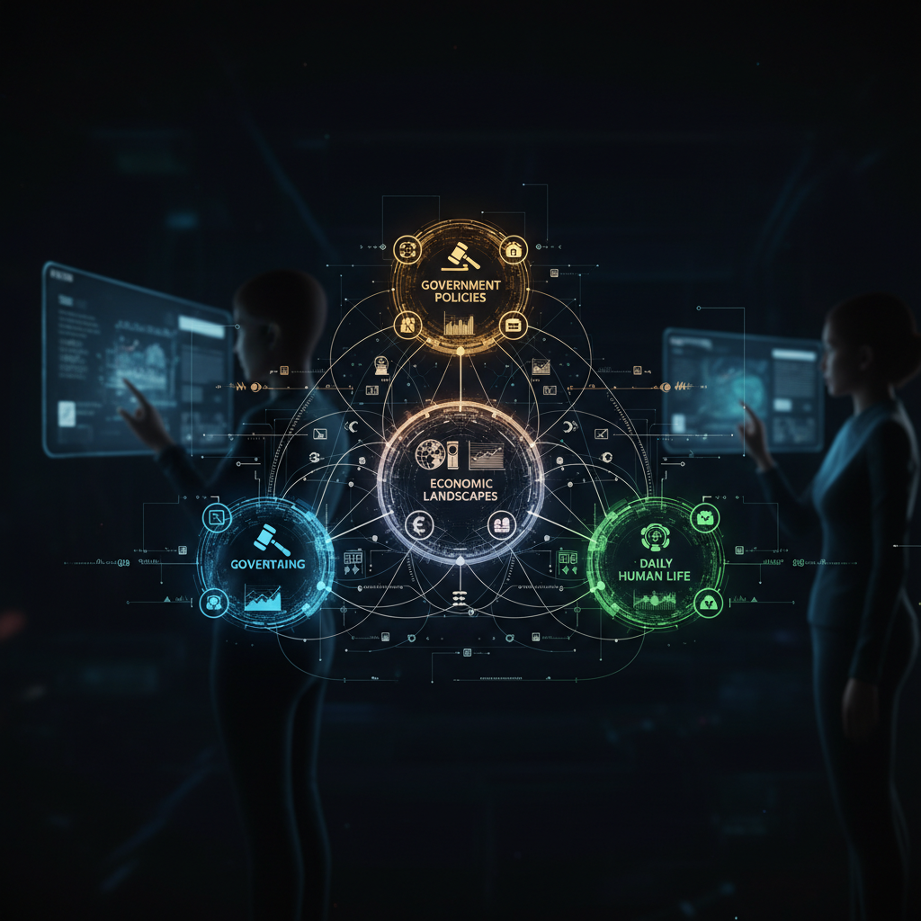A metaphorical image showing a complex network of interconnected nodes representing AI's influence on government policies, economic landscapes, and daily human life, with subtle human figures interacting with digital interfaces in the background, modern layout, high contrast, no visible text.
