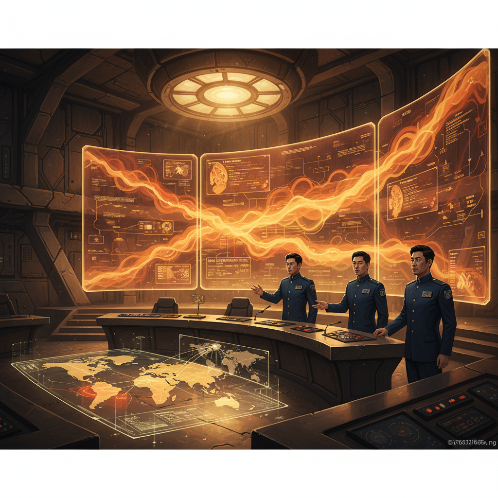 An artistic rendering of a futuristic command center, where Korean military strategists are analyzing complex data visualizations and risk assessments generated by an advanced AI. The scene uses warm lighting, a textured metallic background, and a sense of strategic depth. No visible text or numbers.