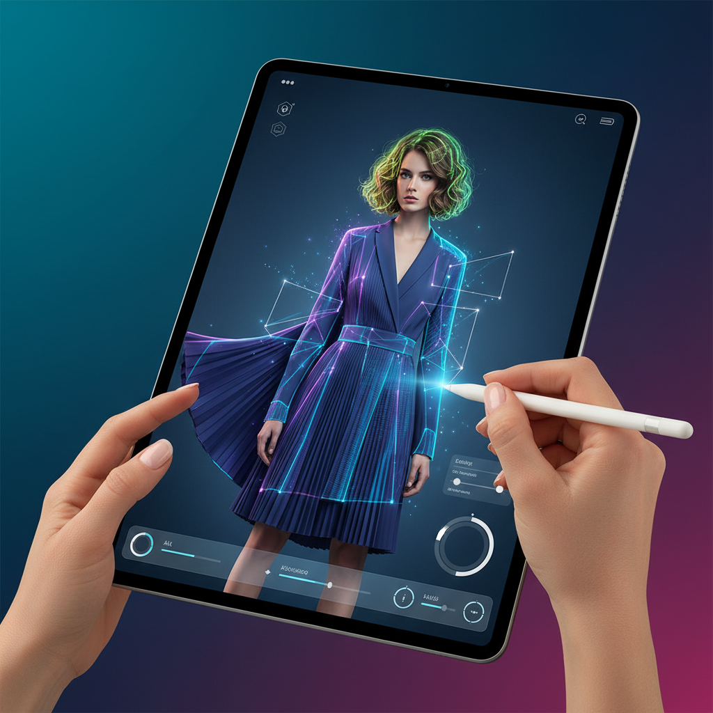 A person's hands skillfully editing a photograph on a tablet, with AI elements visualized as glowing lines on the screen, showing quick and precise modifications to clothing and hairstyle, modern interface, colored background, no text, 1:1 aspect ratio