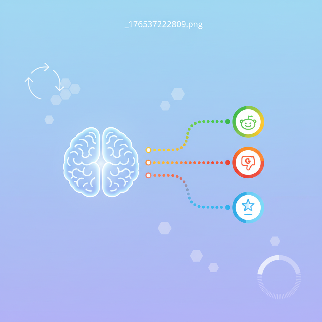 An abstract, clean infographic showing a brain icon connected to various social media icons (Reddit, Google Reviews, Trustpilot) with lines representing sentiment analysis. The background is a calming gradient, with minimal, symbolic UI elements. No text, focus on data flow and connection.