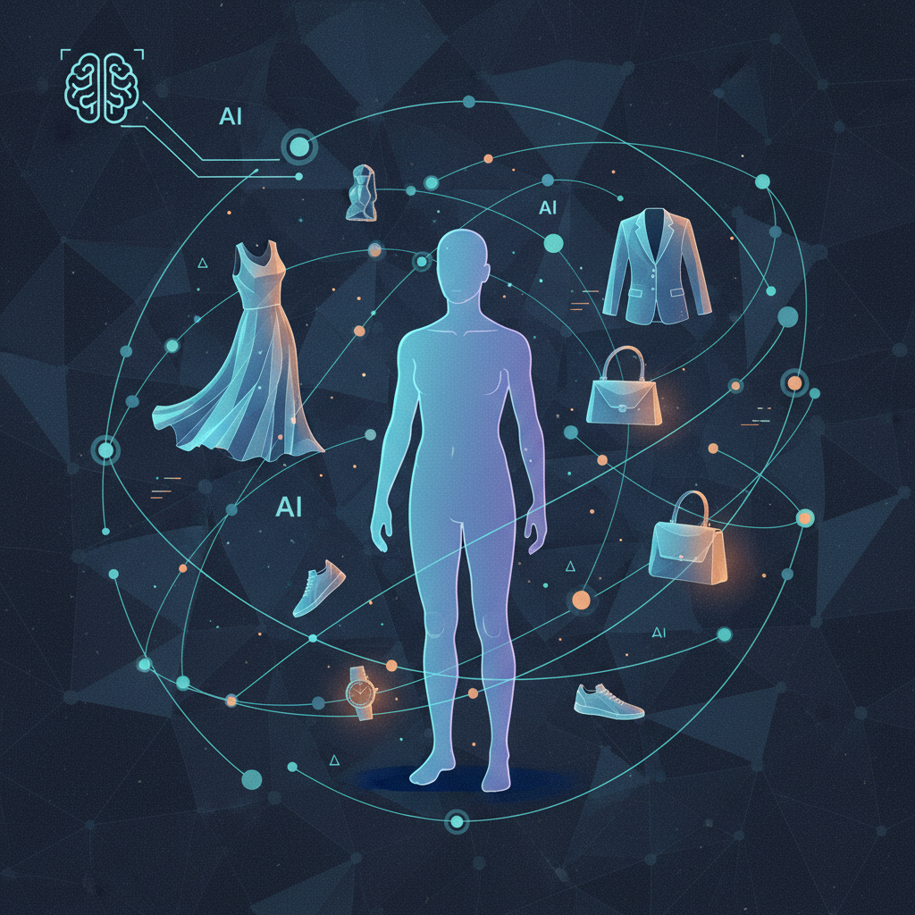 Conceptual image of AI analyzing a user's fashion preferences, with data points and clothing items floating around a stylized human silhouette, clean infographic style, high contrast, textured background, no text