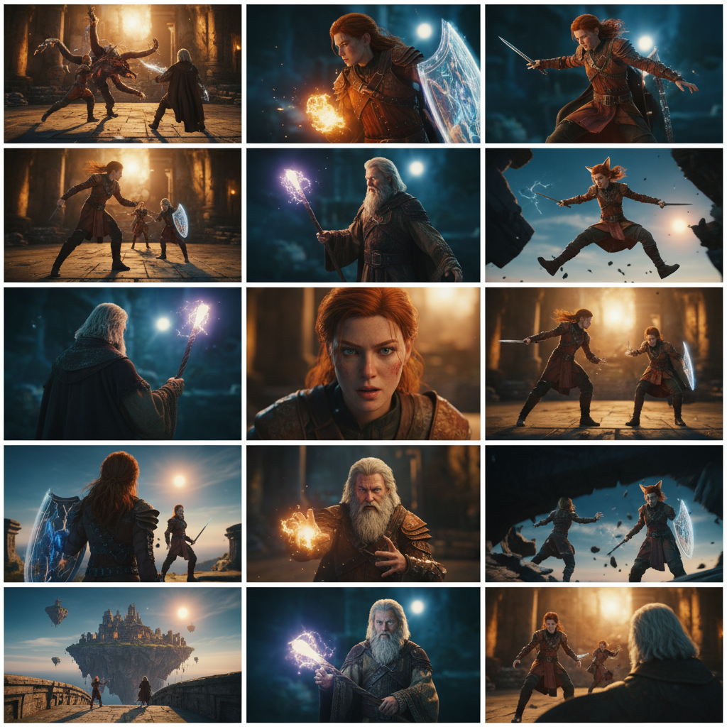 Detailed composition showing multiple video frames generated by AI, demonstrating different camera angles and consistent characters, cinematic style, vibrant colors, no text, centered focus