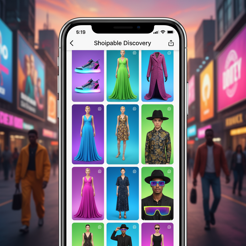A smartphone screen displaying an AI-generated shoppable discovery feed with various fashion items and virtual try-on videos, modern UI, vibrant colors, rich background, no text