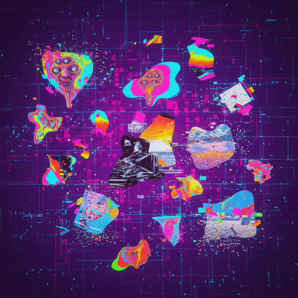 Abstract representation of digital chaos, with various AI-generated "slop" content like strange videos and images floating around, modern infographic style, high contrast, vibrant digital colors, no text, textured background