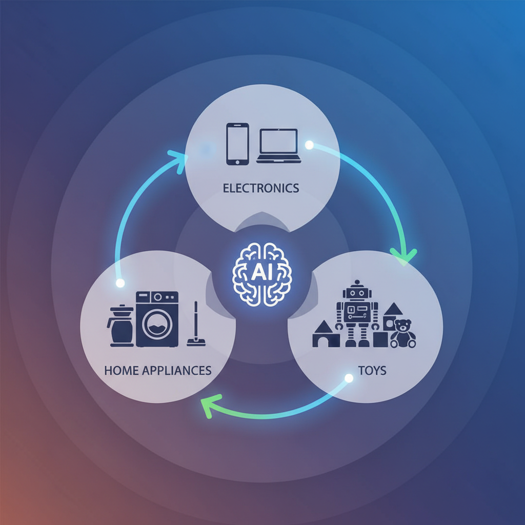 A vibrant, clean infographic showing various product categories (electronics, toys, home appliances) arranged around a central AI brain icon. Arrows point from the AI to specific product images, symbolizing personalized recommendations and efficient searching. Bright, balanced lighting, gradient background, centered focus, no text.