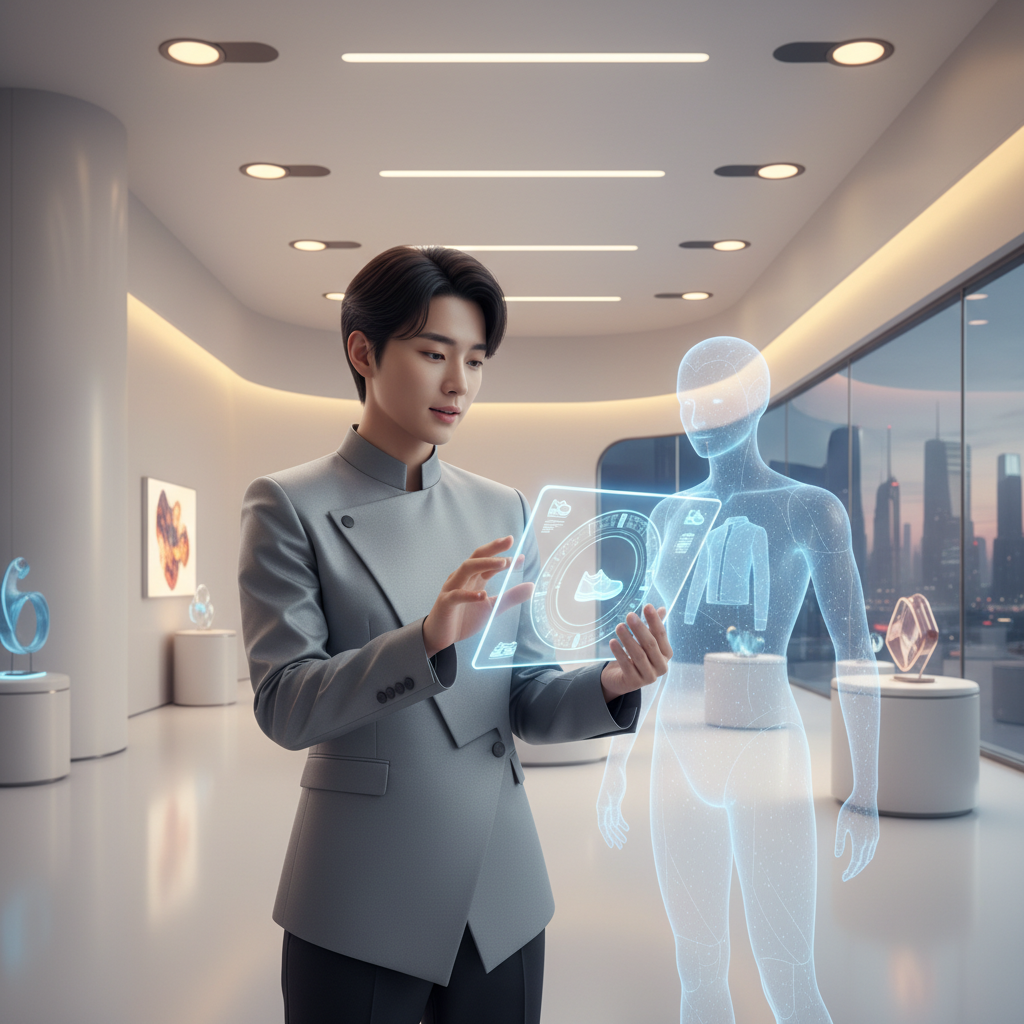 A futuristic shopping scene where a Korean person interacts with an AI assistant on a tablet, which displays product recommendations. The background is a modern, clean retail space with warm, inviting lighting. No text on screen, focus on interaction and subtle AI presence.