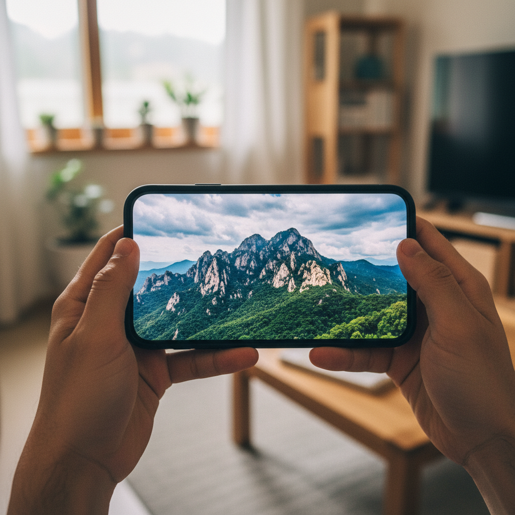 A close-up, highly realistic lifestyle photo of a smartphone screen displaying a vibrant, natural landscape photo. The screen shows slight digital noise and aggressive sharpening, characteristic of smartphone photography. The hands holding the phone are of Korean appearance, with natural skin tone. The background is a soft, blurred indoor setting, suggesting everyday use. No text visible on the phone screen or surrounding elements.
