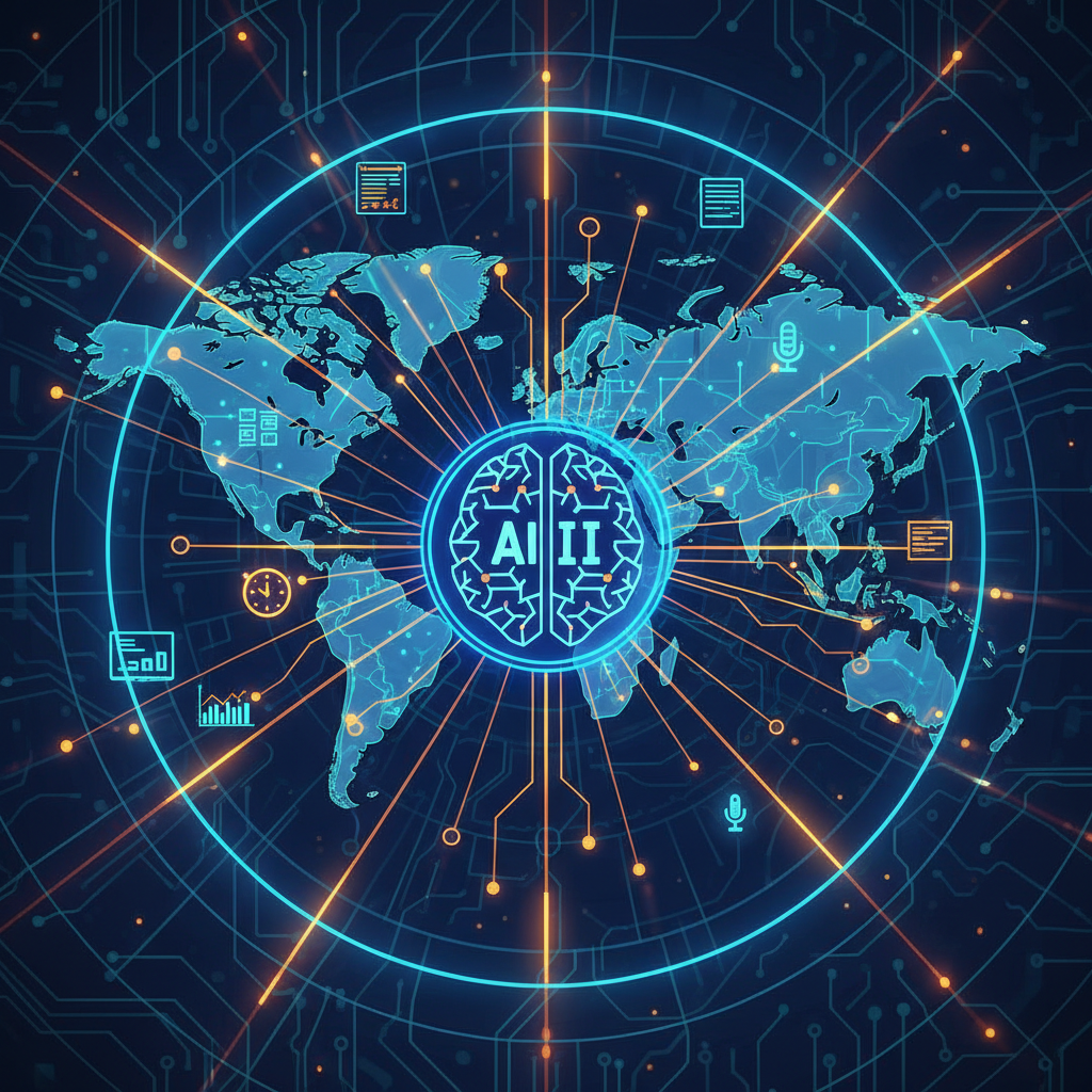 A vibrant, detailed infographic illustration depicting the concept of an AI model connecting to a global search engine to gather real-world data. Visual elements include interconnected nodes, data streams flowing from a stylized world map to a central AI brain icon, and subtle representations of various data types (text snippets, numerical values). The color palette is bright and modern, with a textured background. No visible text on the infographic.