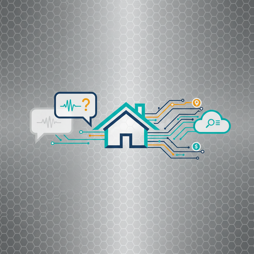 Conceptual image of artificial intelligence understanding natural language queries for real estate, showing a house icon connected to speech bubbles and data streams, clean infographic, modern layout, high contrast, textured background, no text