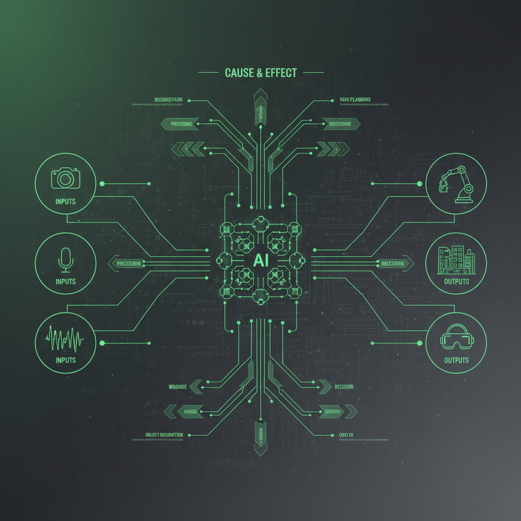 An advanced AI system interacting with its environment, visualizing cause-and-effect, clean infographic, modern layout, high contrast, green and grey textured background, no text, 1:1 aspect ratio