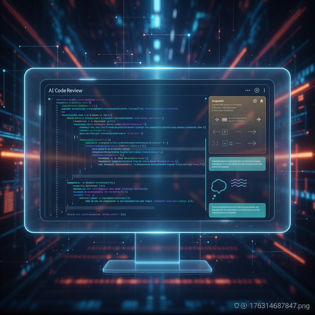 A detailed interface showing AI-powered code review, highlighting suggested changes and feedback in a clean, modern design. The code lines are abstract, rich background, no visible text.