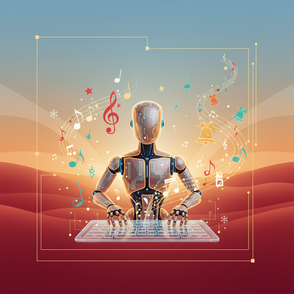 A futuristic AI system composing Christmas carols with musical notes floating around, festive atmosphere, clean infographic style, warm lighting, gradient background, no text, 4:3 aspect ratio