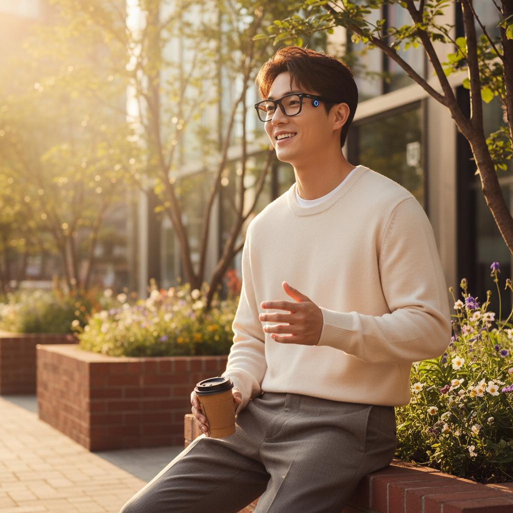 A Korean person wearing stylish Ray-Ban Meta glasses with subtle AI integration suggested, lifestyle photography, warm lighting, natural setting, no text