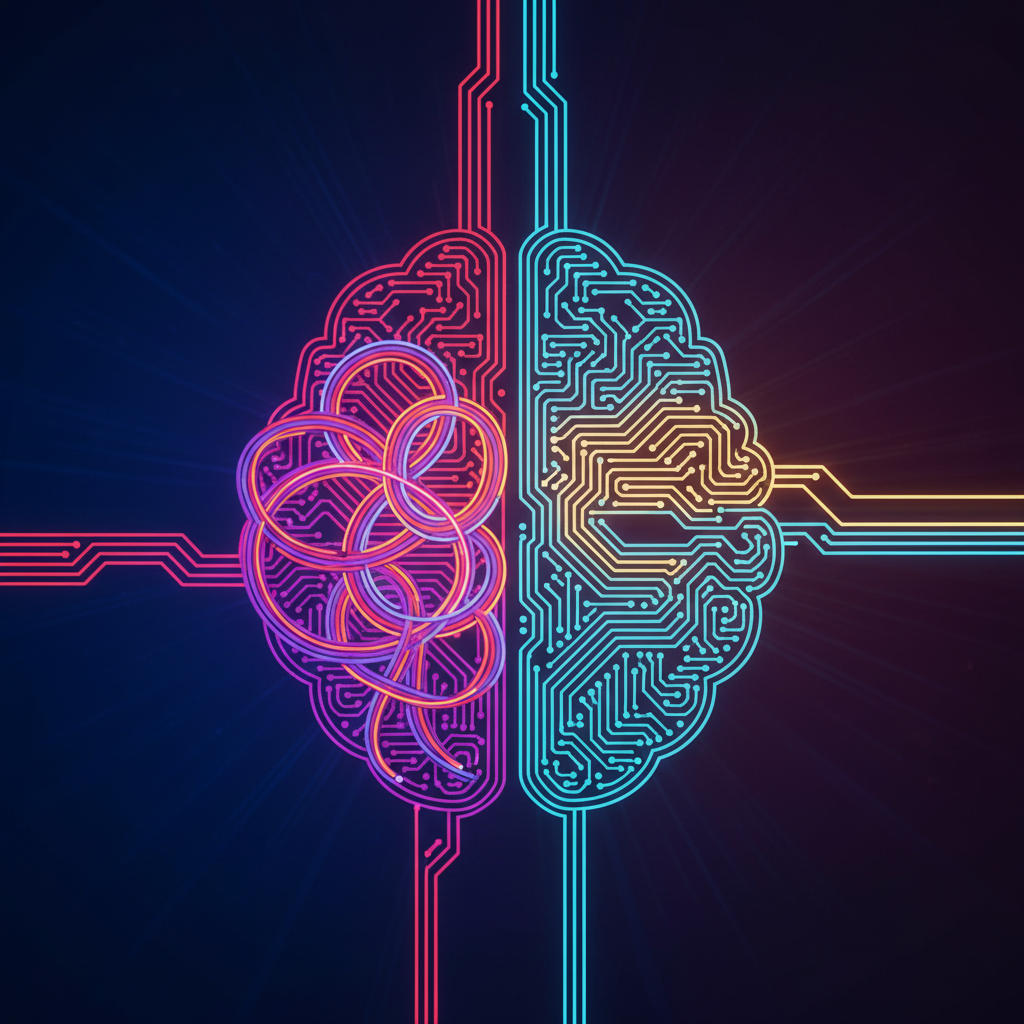 A digital brain or AI core with tangled, conflicting information streams, reflecting misinformation, clean infographic, modern layout, high contrast, colored background, no text
