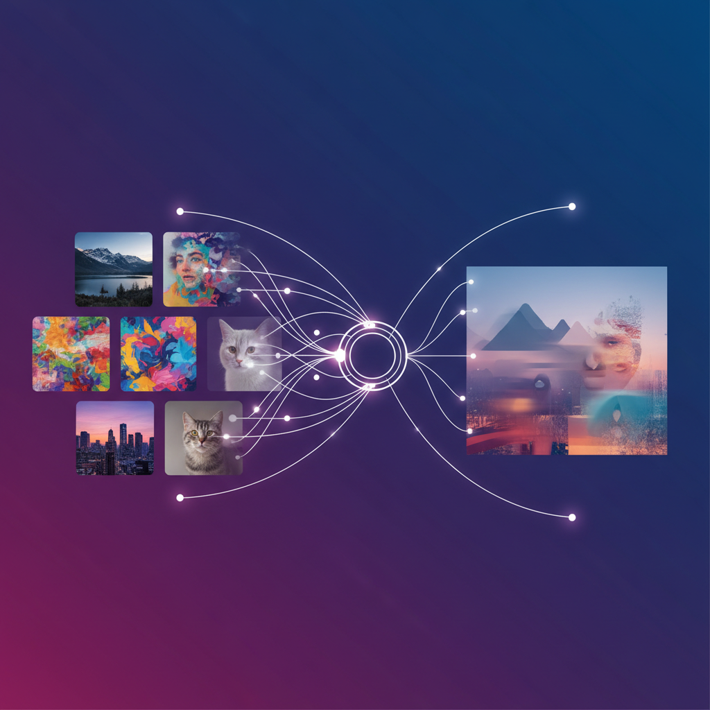 A clean infographic showing the concept of generative AI creating images. Various existing images are shown as input, blending together into an "average" output image. The style is modern with interconnected nodes and glowing lines, on a colored background. No text.