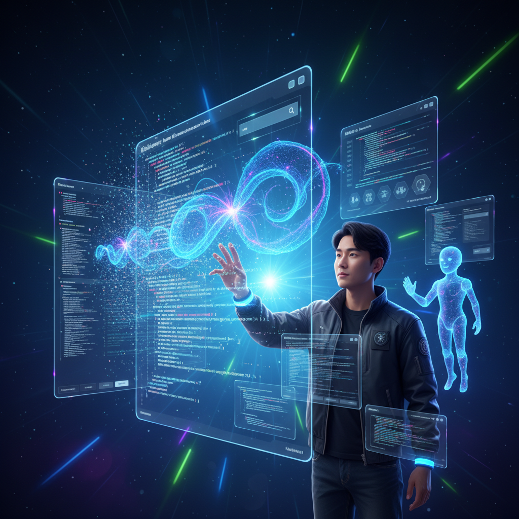 A visually rich scene illustrating the transformation of a coding environment with AI integration, futuristic and modern aesthetic, colored background, no text, Korean developer interacting