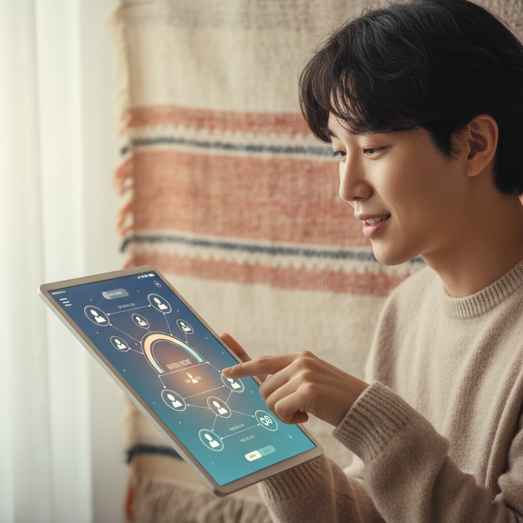 A Korean-looking person interacting with a user-friendly digital public platform on a tablet, showing AI-powered job matching interfaces, soft lighting, warm textured background, no text.