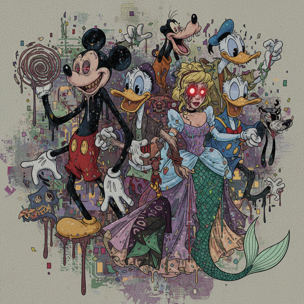 Abstract illustration of popular Disney characters looking slightly distorted and unsettling, symbolizing "AI slop." Artistic rendering, textured background, no text.
