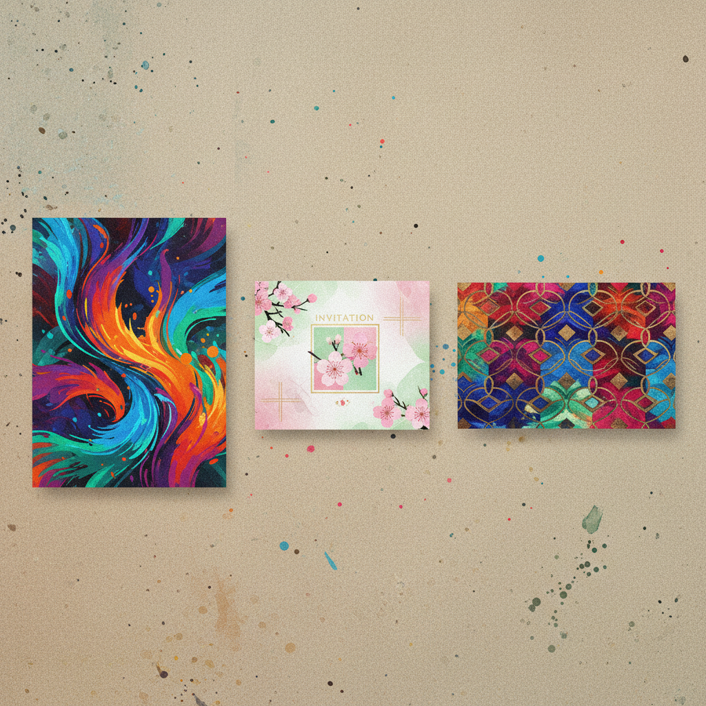 A collection of various design elements like a poster, an invitation, and a social media graphic, all generated by AI through Adobe Express, vibrant colors, artistic rendering, textured background, no visible text. Korean appearance.