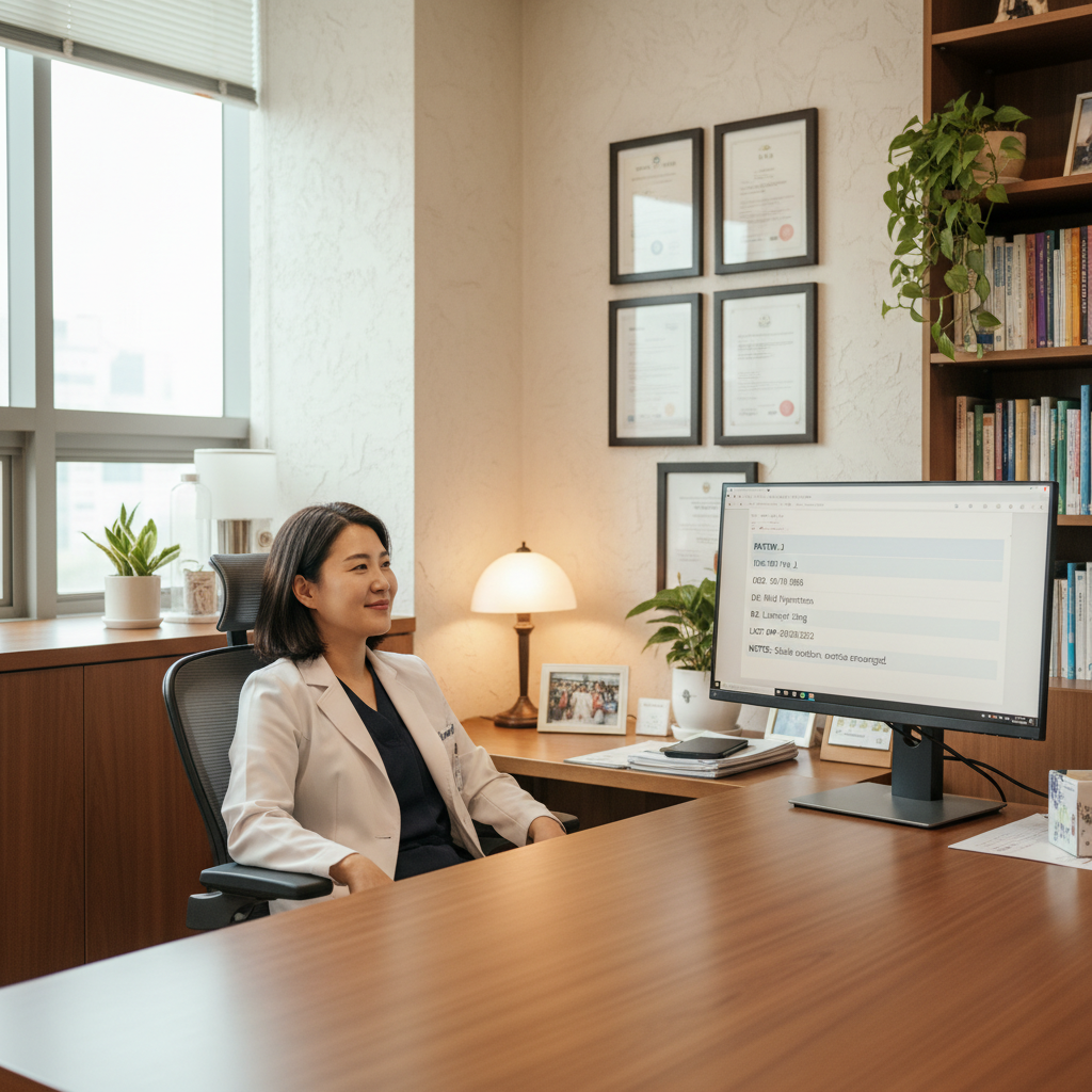 A Korean female GP in her 30s is sitting at a desk in a well-organized office, looking at a computer screen that displays simplified, summarized patient notes (English-only text). She has a relaxed, slightly relieved expression, symbolizing reduced workload and stress. The room is tidy with warm lighting and a soft, textured background, not plain white. Lifestyle photography style, natural posture, bright and balanced lighting.