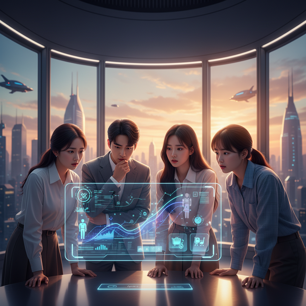 A vivid lifestyle scene showing a group of Korean people looking anxious while observing a digital interface showing news about job displacement due to AI, with warm lighting and a modern, slightly futuristic background. No visible text in the image.