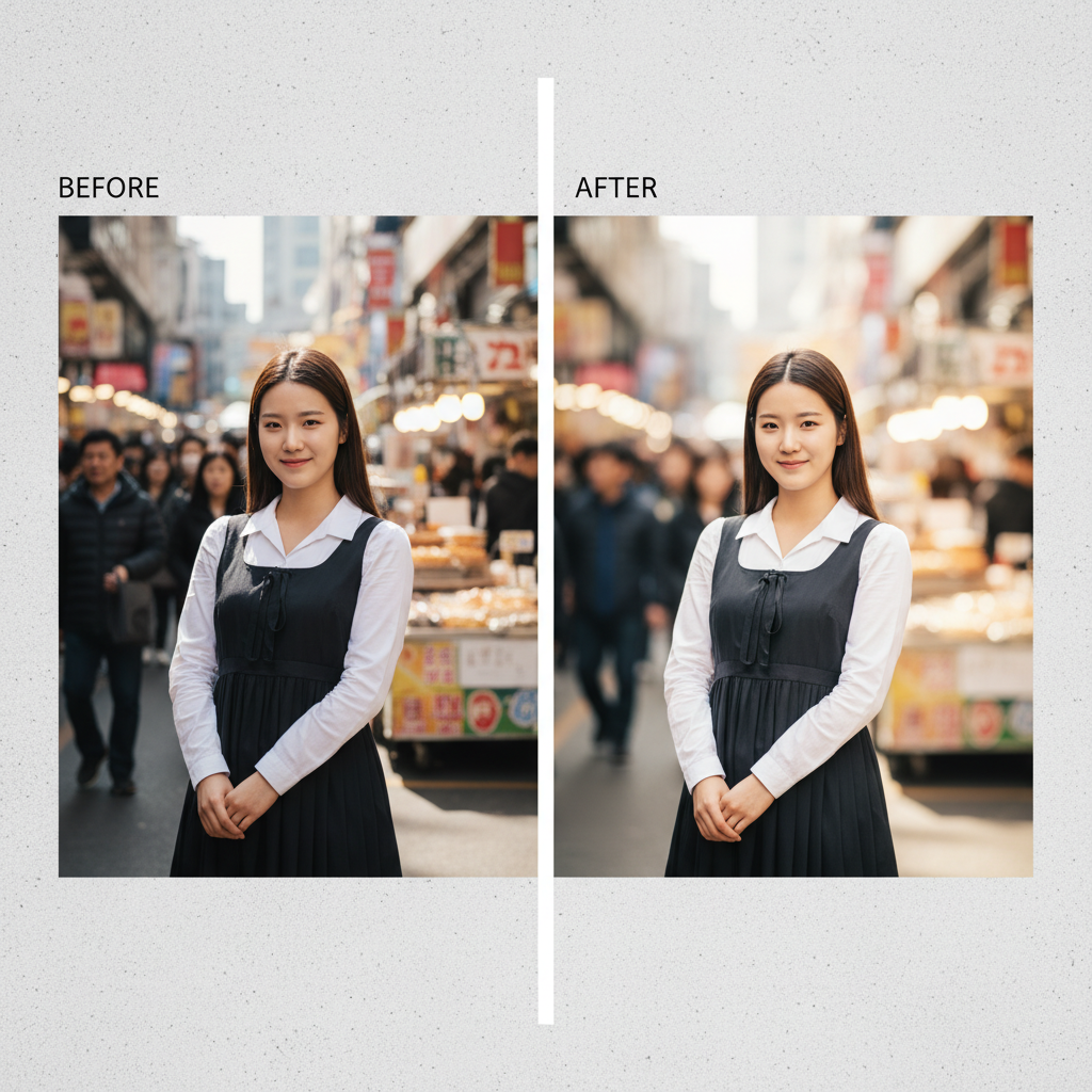 A split image showing a 'before' photo on the left and an 'after' photo on the right, demonstrating an AI-driven edit like background blur or color adjustment, clean infographic style, high contrast, textured background, no visible text. Korean appearance.