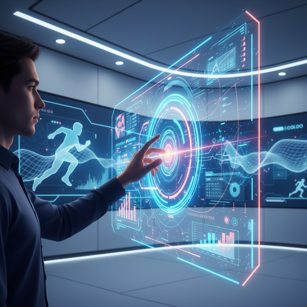 A futuristic illustration of a person interacting with a holographic display showing real-time sports data and AI analysis. Glowing lines, interactive interface, modern tech aesthetic, no text.