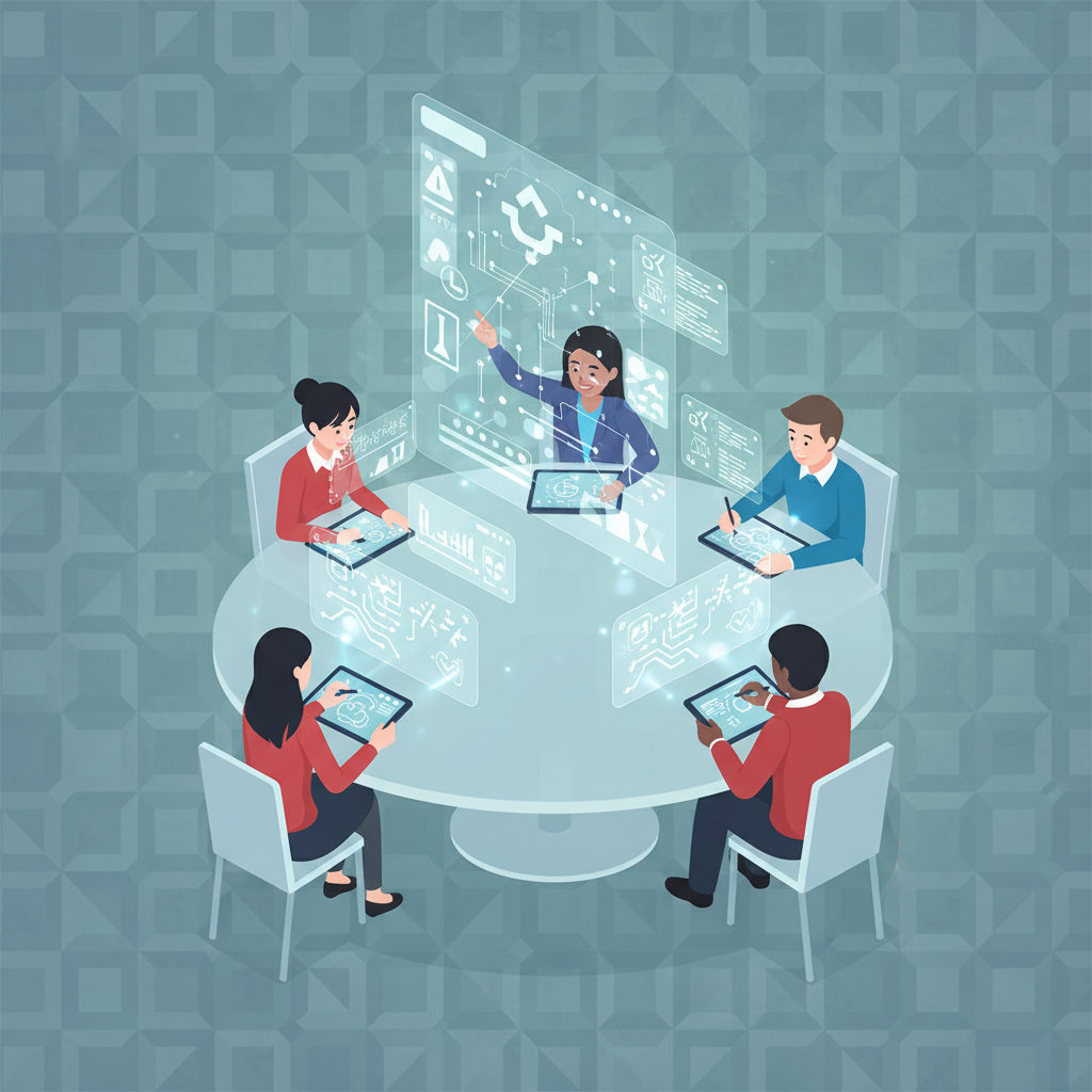 A diverse group of artists collaboratively brainstorming ideas, using tablets and digital tools, with subtle AI interface elements appearing as a reference tool, clean infographic style, textured background, no text, 4:3 aspect ratio