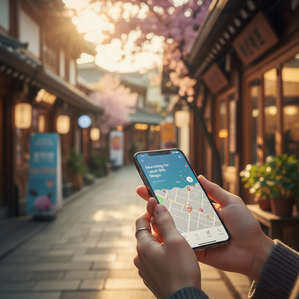 A close-up shot of hands holding a smartphone, searching for local gift shops using an AI app, blurred background of a charming street, lifestyle photography, warm lighting, Korean setting, no text