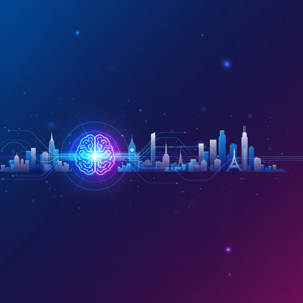 A dynamic illustration showing a central glowing brain icon connected to various global city skylines via flowing data lines, all within a vibrant blue and purple gradient background. The style is modern and abstract, with no visible text.