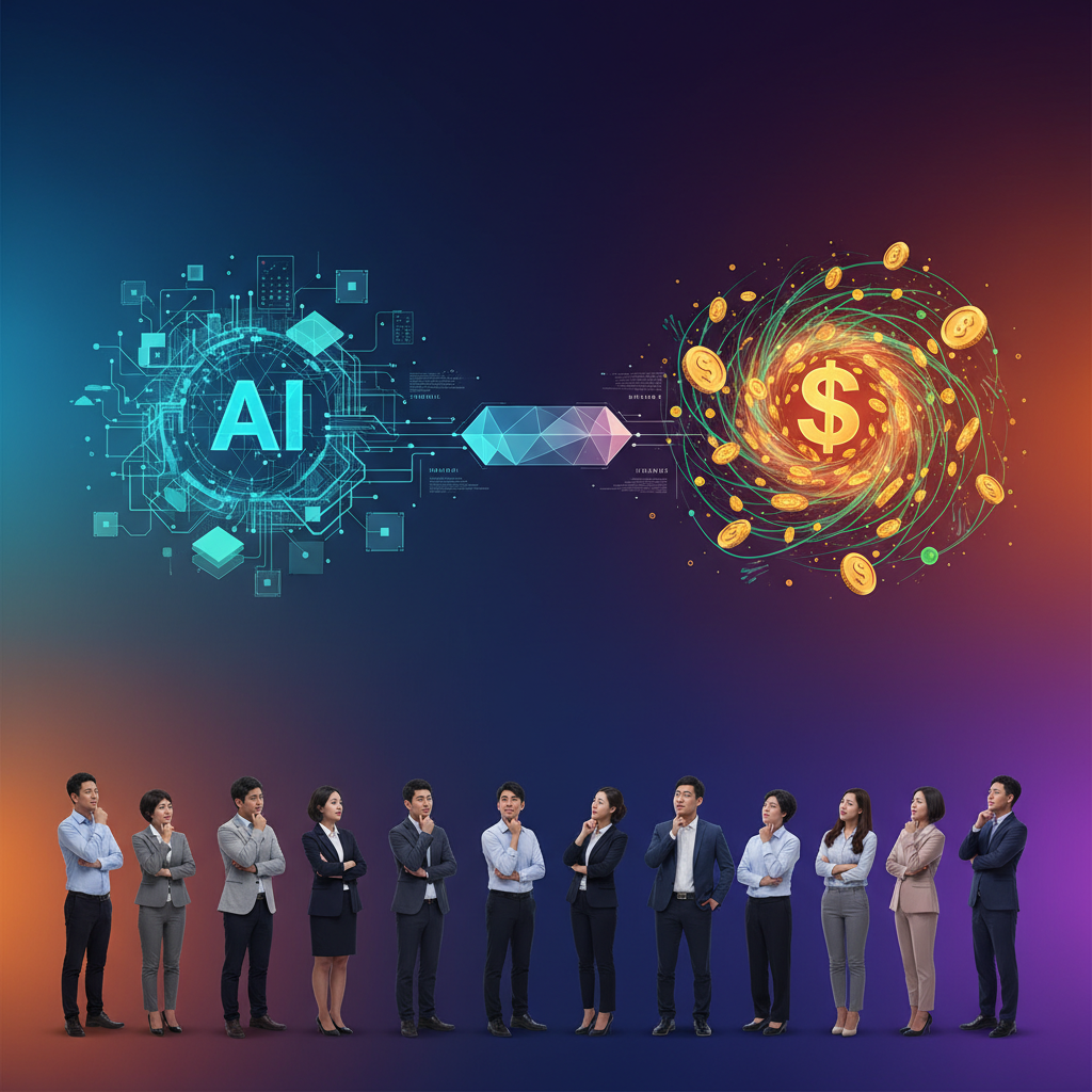 A diverse group of Korean people looking thoughtfully at an abstract representation of AI and money, clean infographic style, high contrast, colored background, no text