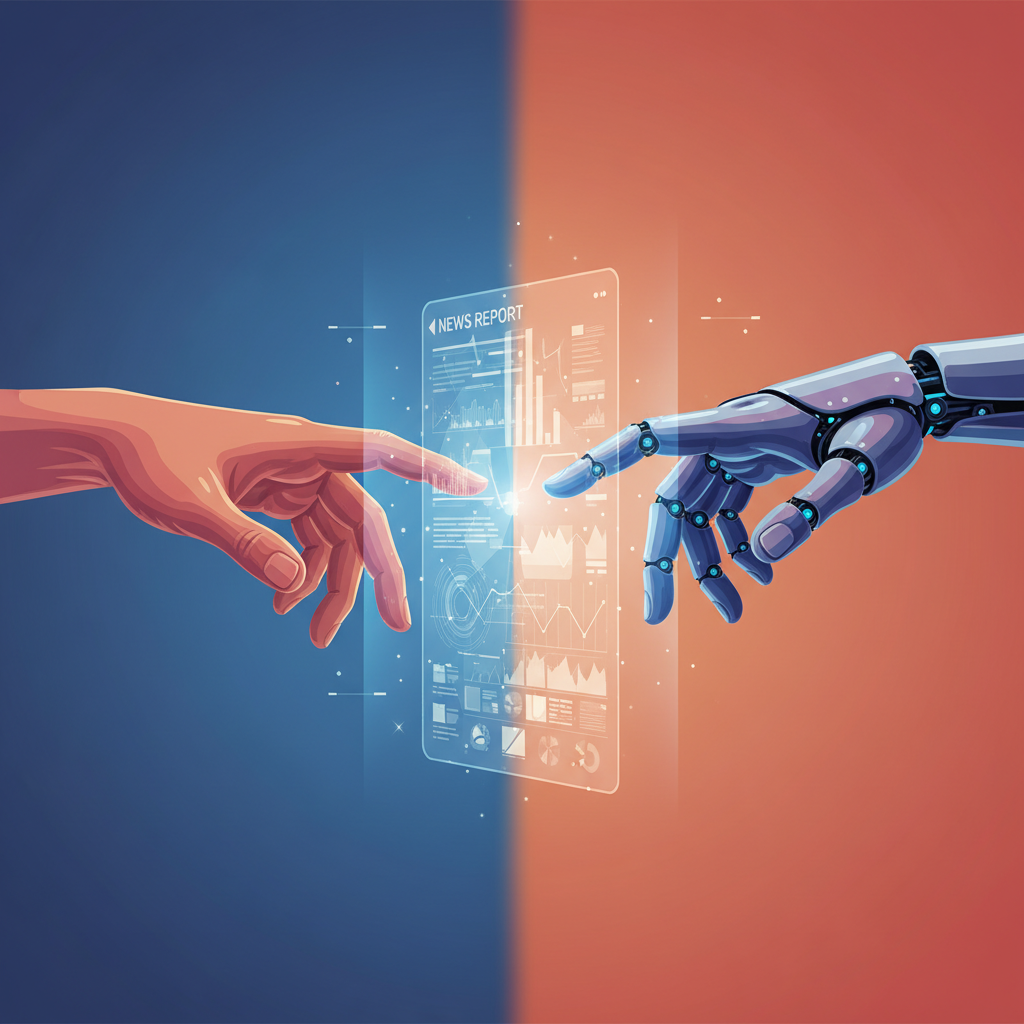 A stylized image showing a human hand and a robotic hand interacting over a news report interface, symbolizing collaboration or tension between AI and human journalists. Modern, clean design, high contrast, subtle gradient background, no text.