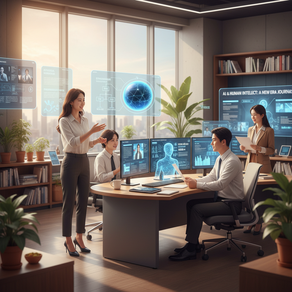Conceptual image of AI and human journalists collaborating or coexisting peacefully in a newsroom setting, with a focus on future synergy and ethical content creation. Lifestyle photography, warm lighting, natural expression, Korean appearance people.
