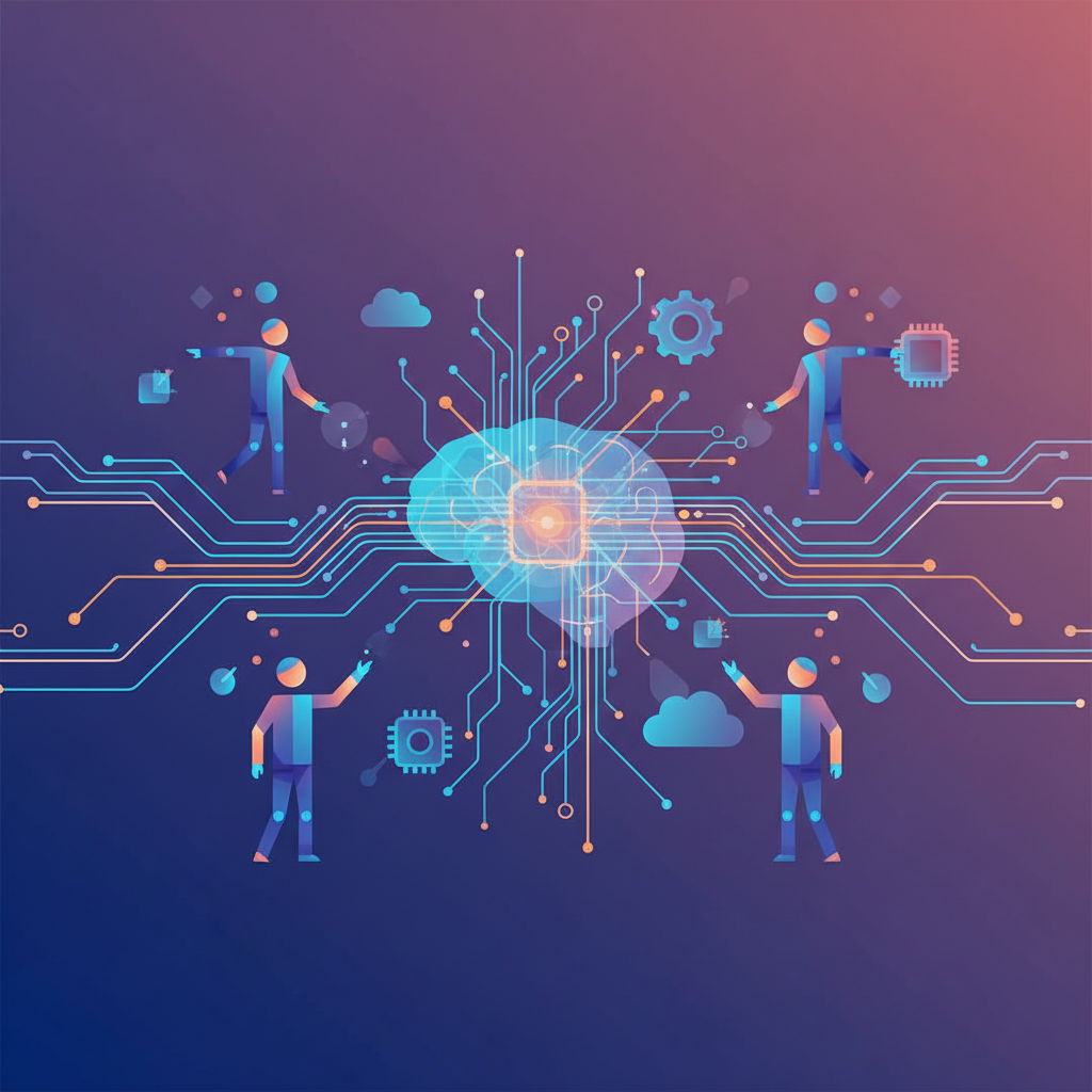 A modern infographic illustrating the fusion of artificial intelligence and the future of work. Abstract representations of human figures interacting with glowing data streams and network connections on a gradient blue and purple background. Style: clean infographic, modern layout, high contrast. No visible text in image.
