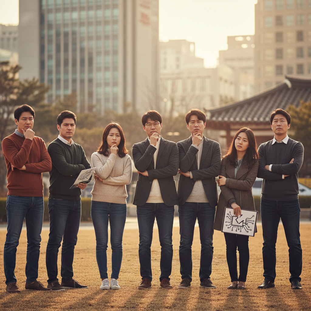 A group of citizens (Korean appearance) expressing skepticism or concern about AI and big tech companies. Emphasize worried expressions and subtle gestures of protest. Style: lifestyle photography, warm lighting, natural setting. No visible text.