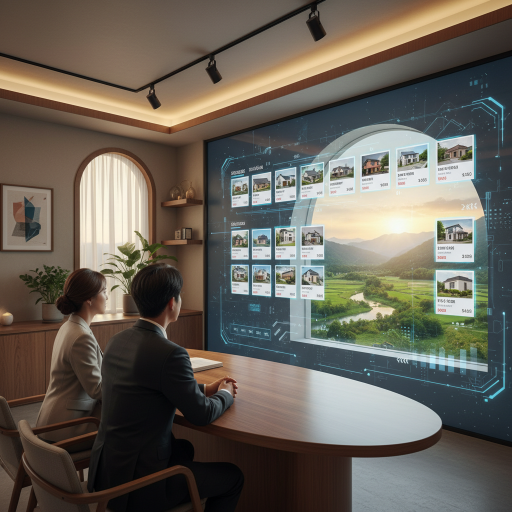 A Korean real estate agent and a client collaboratively reviewing house listings on a large screen, with subtle AI interface elements, professional yet warm office lighting, natural setting, rich background, no text