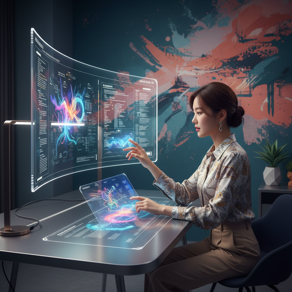 Realistic depiction of a Korean person working alongside an AI interface, integrating human creativity and machine efficiency, lifestyle photography, modern tech setting with a colored textured background, no text