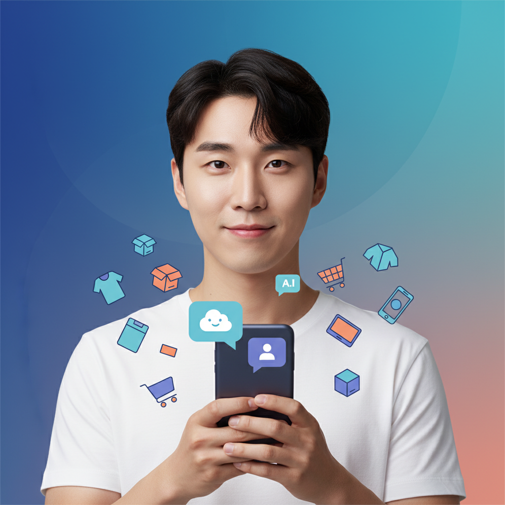 A clean infographic showing a person interacting with a chatbot on a smartphone, with shopping carts and product icons floating around. The background is a modern, gradient color. Style: clean infographic, modern layout, high contrast. No visible text in image. Korean appearance, natural expression.